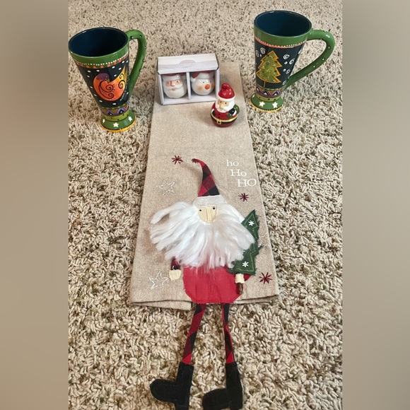 Christmas Holiday decor Bundle Mugs Mudpie Towel Salt Pepper, Santa Trinket Box - Picture 1 of 14